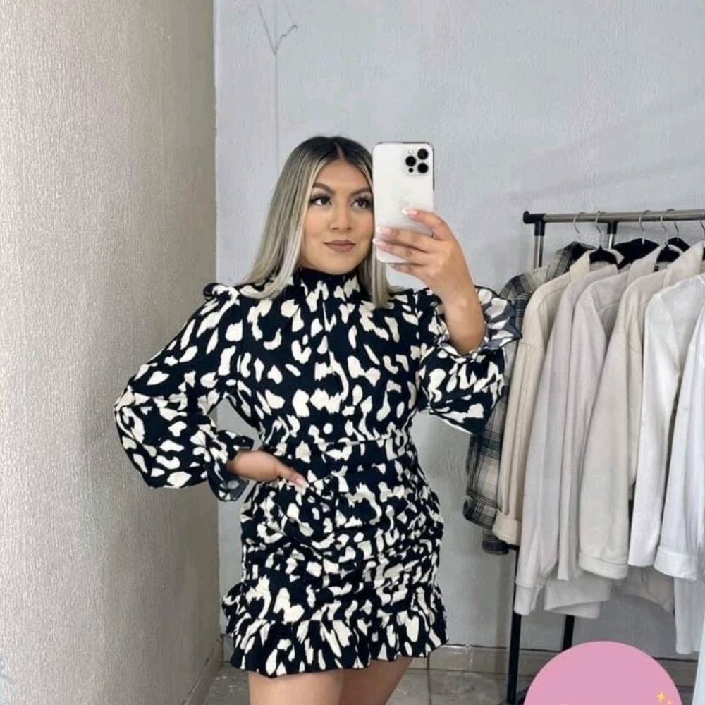 Allover print mock Neck Flounce Sleeve